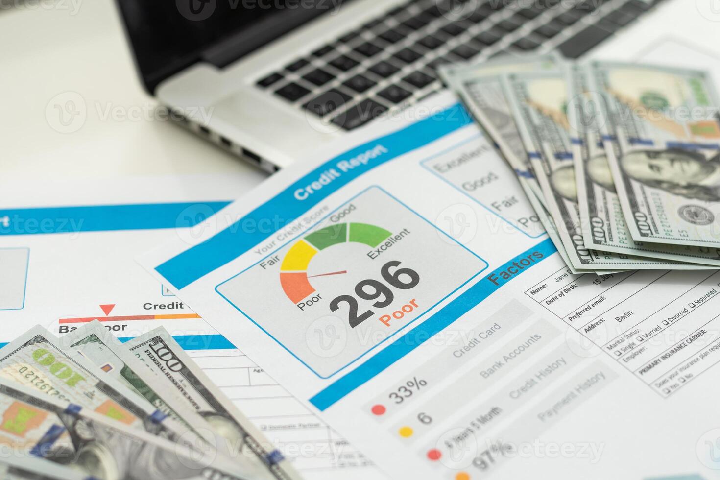 Credit score report with keyboard and pen photo