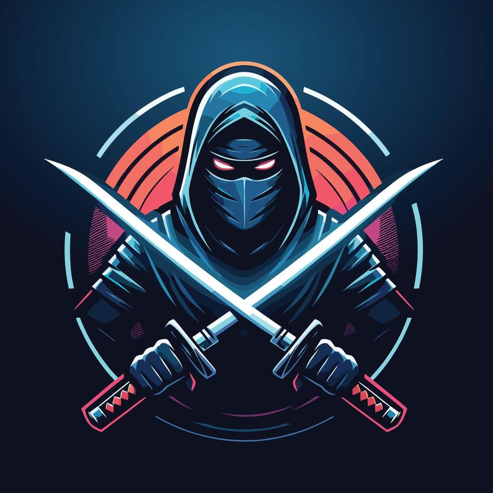 ninja with two swords on dark background gaming game e-sport sports team logo vector