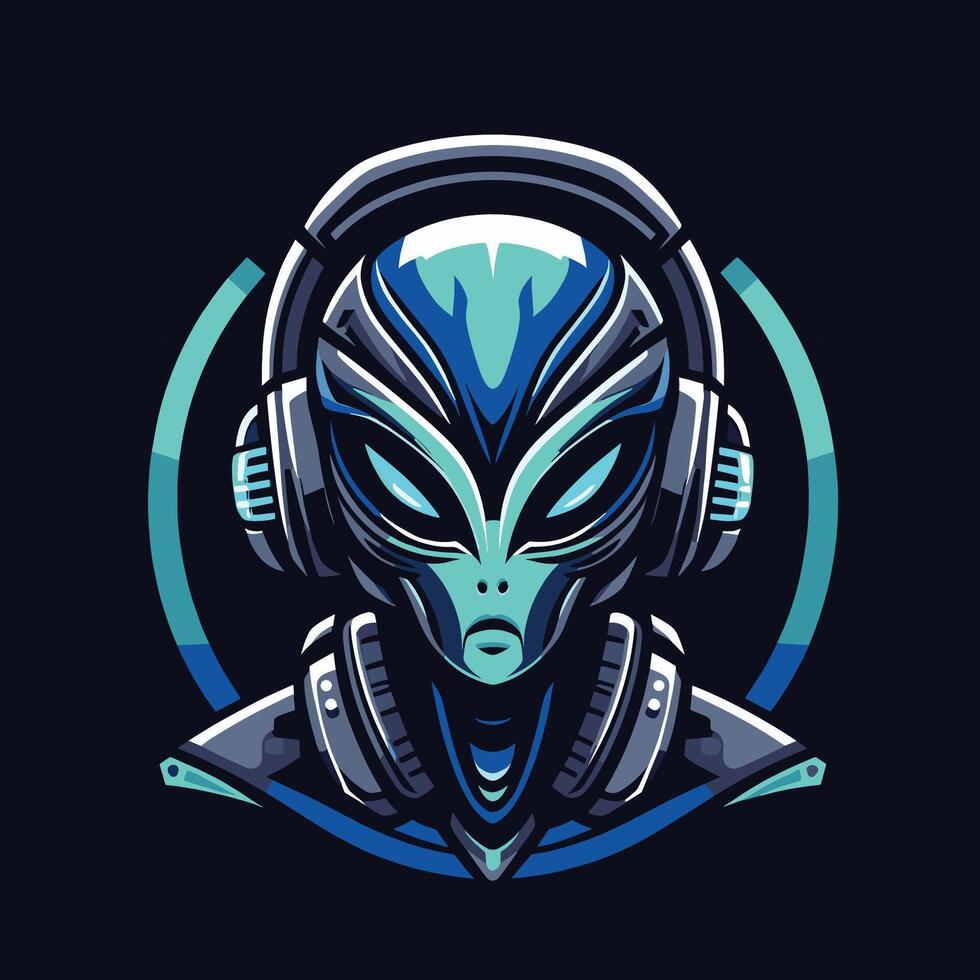 alien head with headphones on dark background gaming game team e-sport sports team logo design vector