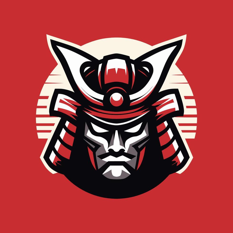 a samurai helmet on a red background logo design for gaming game e-sport sports team vector