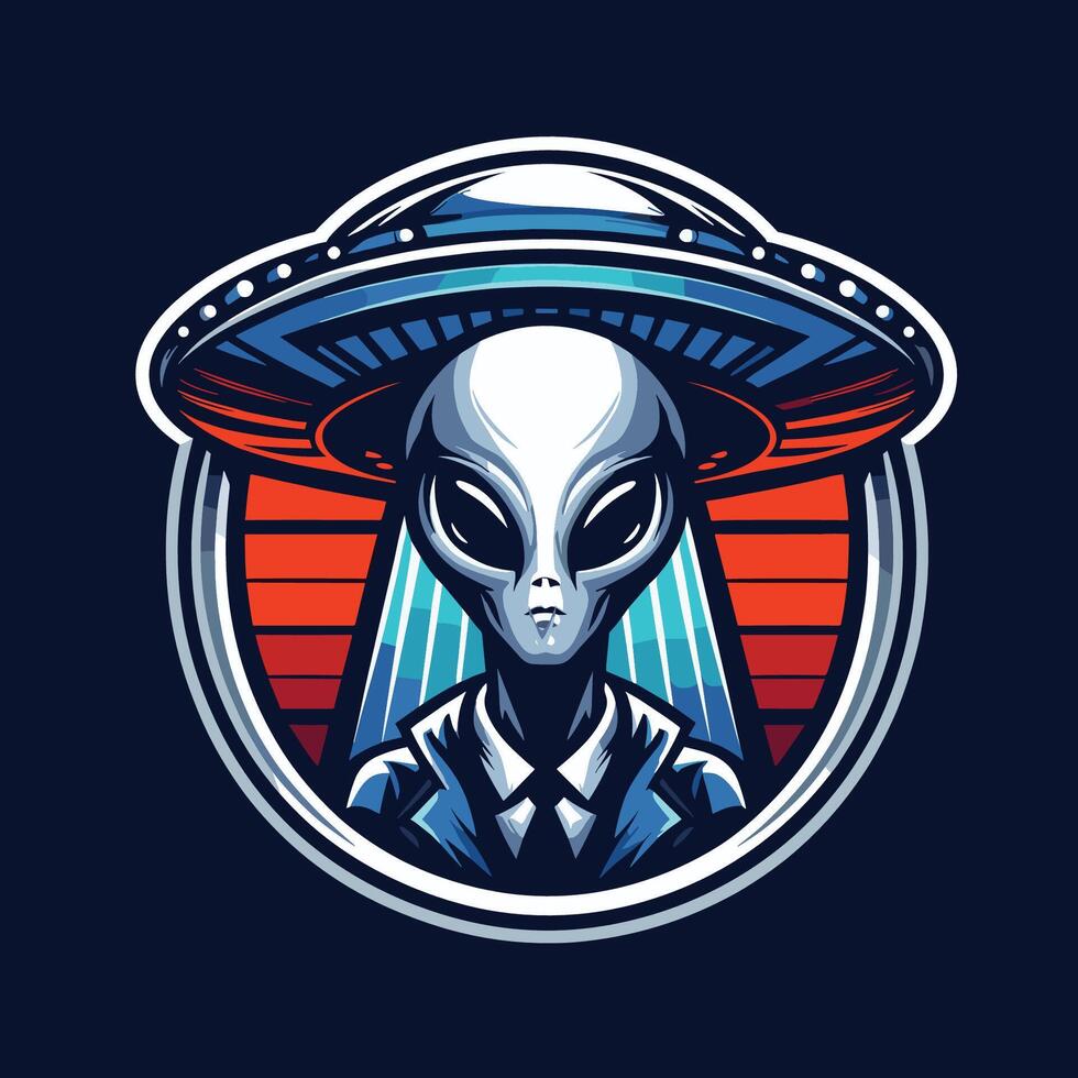 alien in suit with flying ufo gaming game e-sport sports team logo design vector