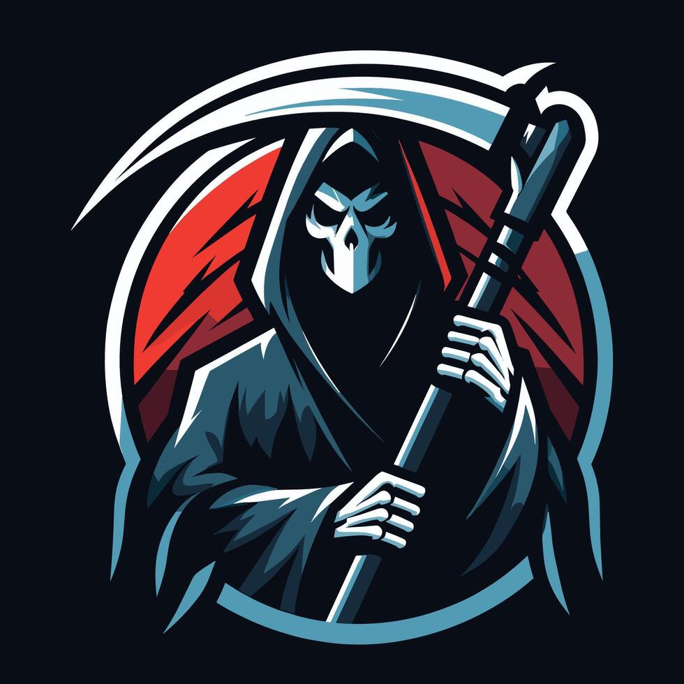 the grim reaper holding a scythe in his hand gaming game e-sport sports team logo design vector