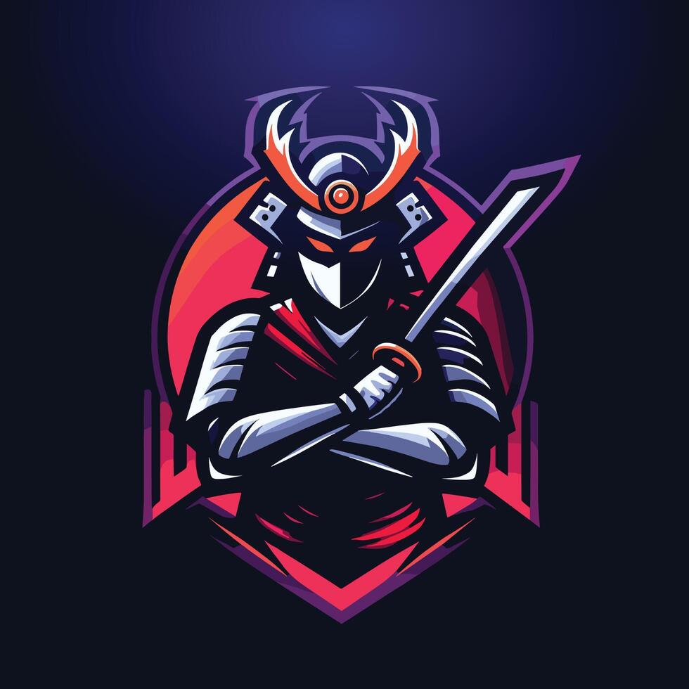 modern samurai warrior with sword and helmet on dark background gaming game e-sport sports team logo design vector