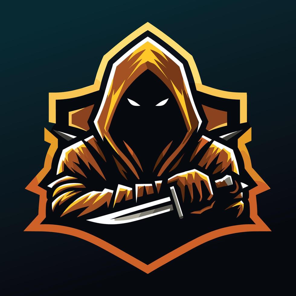 a hooded man with a knife in his hand, gaming game e-sport sports team logo design vector