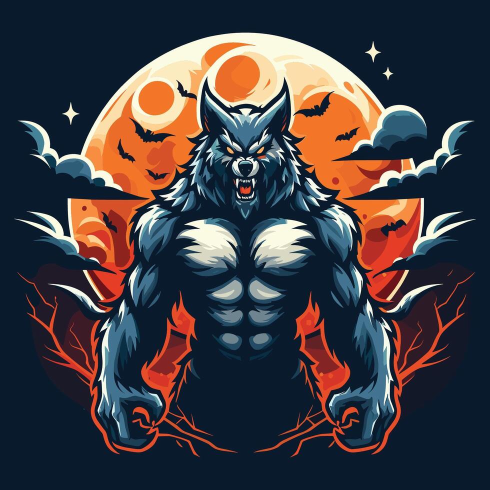 a werewolf with a full moon in the background gaming game e-sport sports team logo design vector