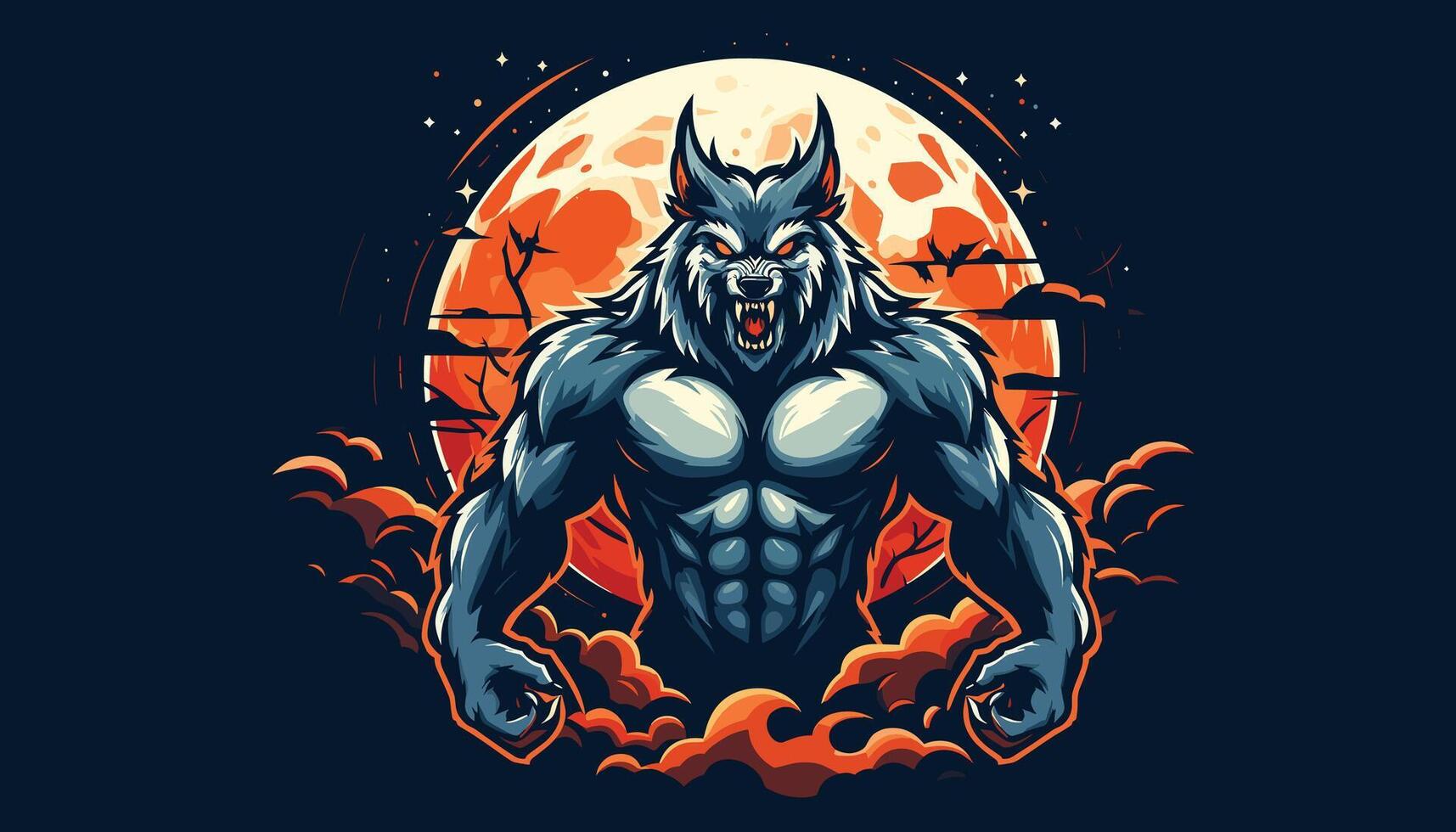 a werewolf with a full moon in the background, gaming game e-sport sports logo design vector
