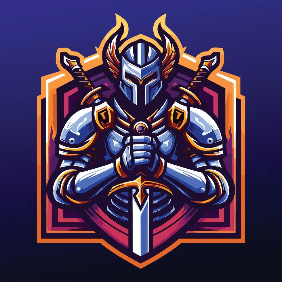 a knight with a sword and shield in front hand, gaming game e-sport sports team logo design vector