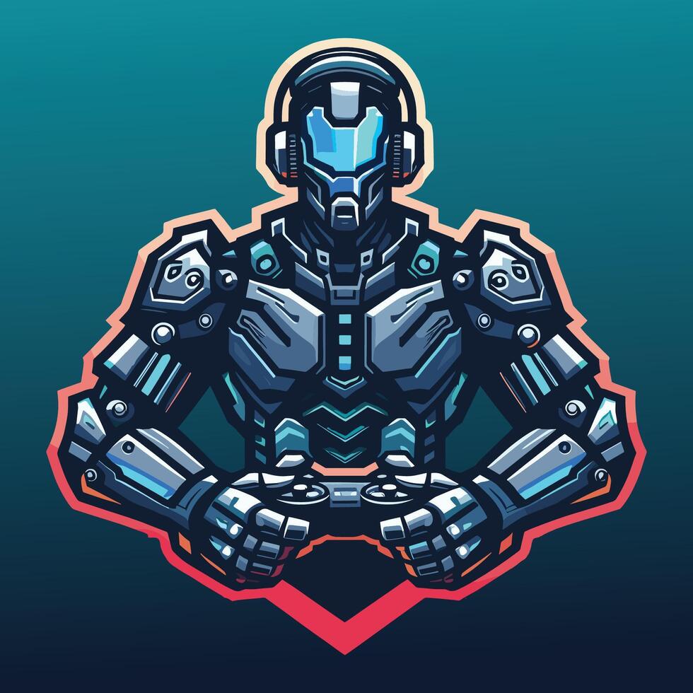 a robot holding a gamepad joystick controller in his hands gaming game e-sport sports team logo vector
