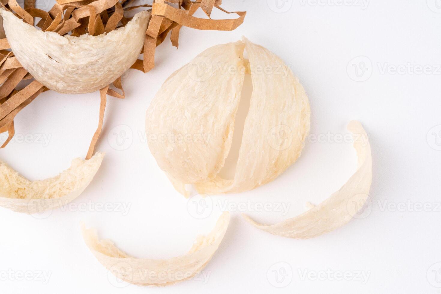 Raw edible birds nest materials for tradition chinese medicine. Swallow nest the traditional chinese delicacy. photo