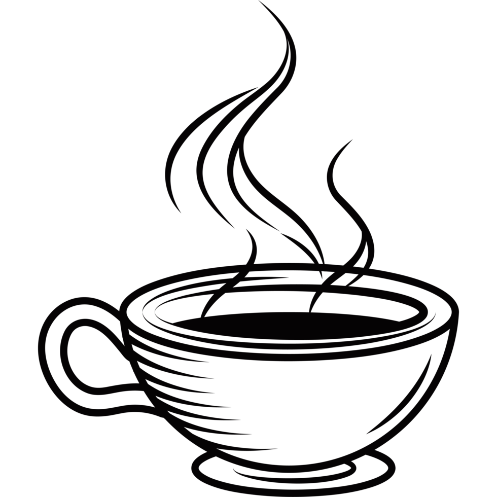 A black and white drawing of a cup of coffee png