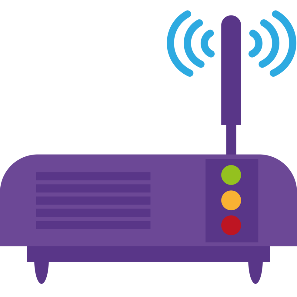 A purple wireless router with a green light png
