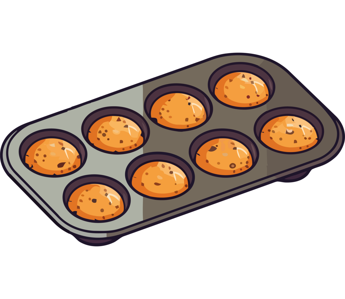 A muffin tray with eight muffins in it png