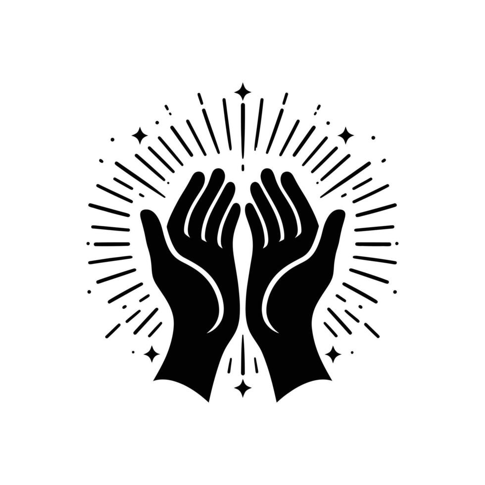 Uplifted Hands Silhouette with Spiritual Light Rays Peace and Blessings Graphic vector
