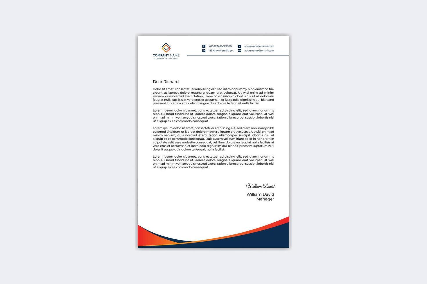 Simple letterhead template with yellow, orange and navy blue color vector