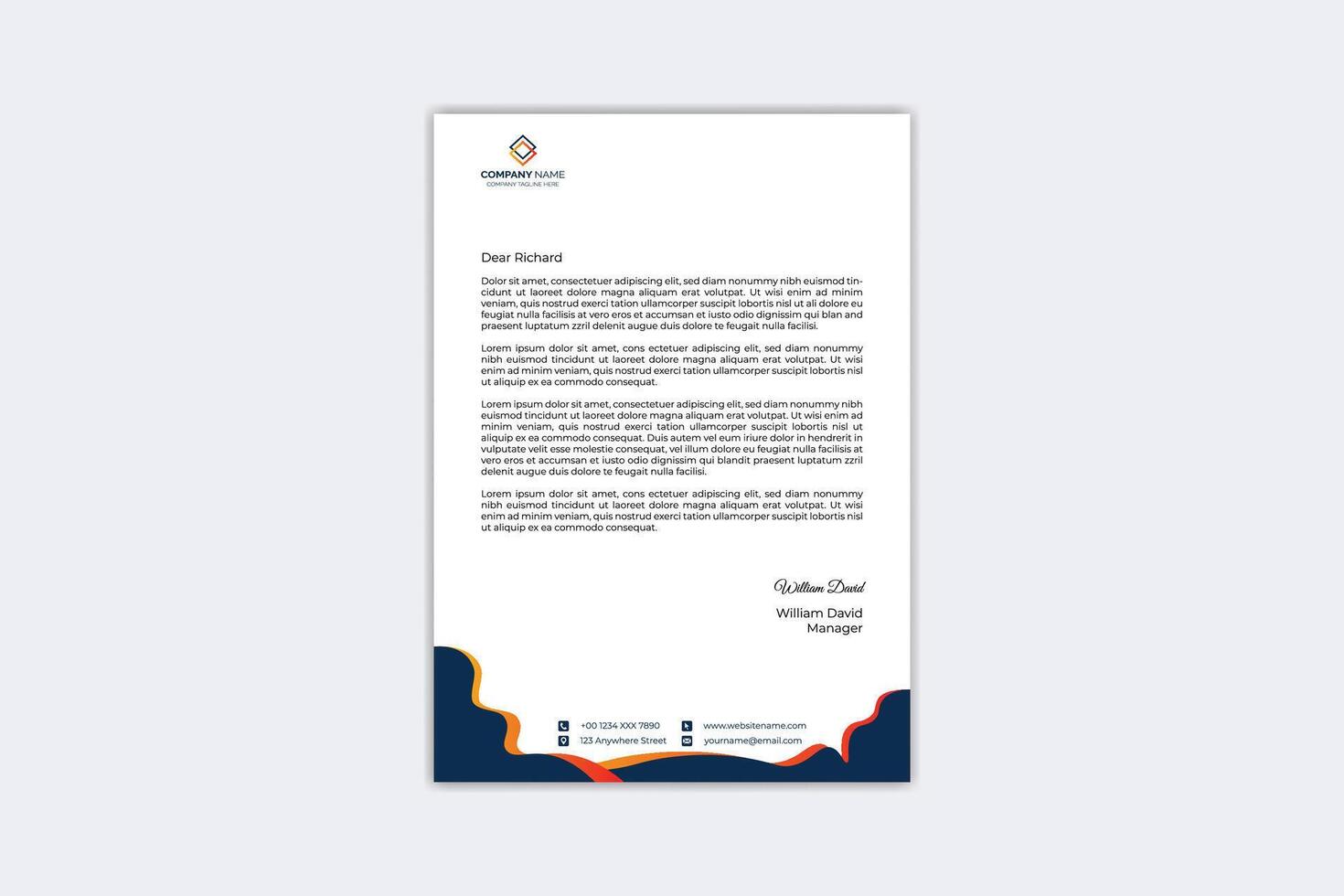 Modern letterhead design template with yellow, orange and navy blue color vector