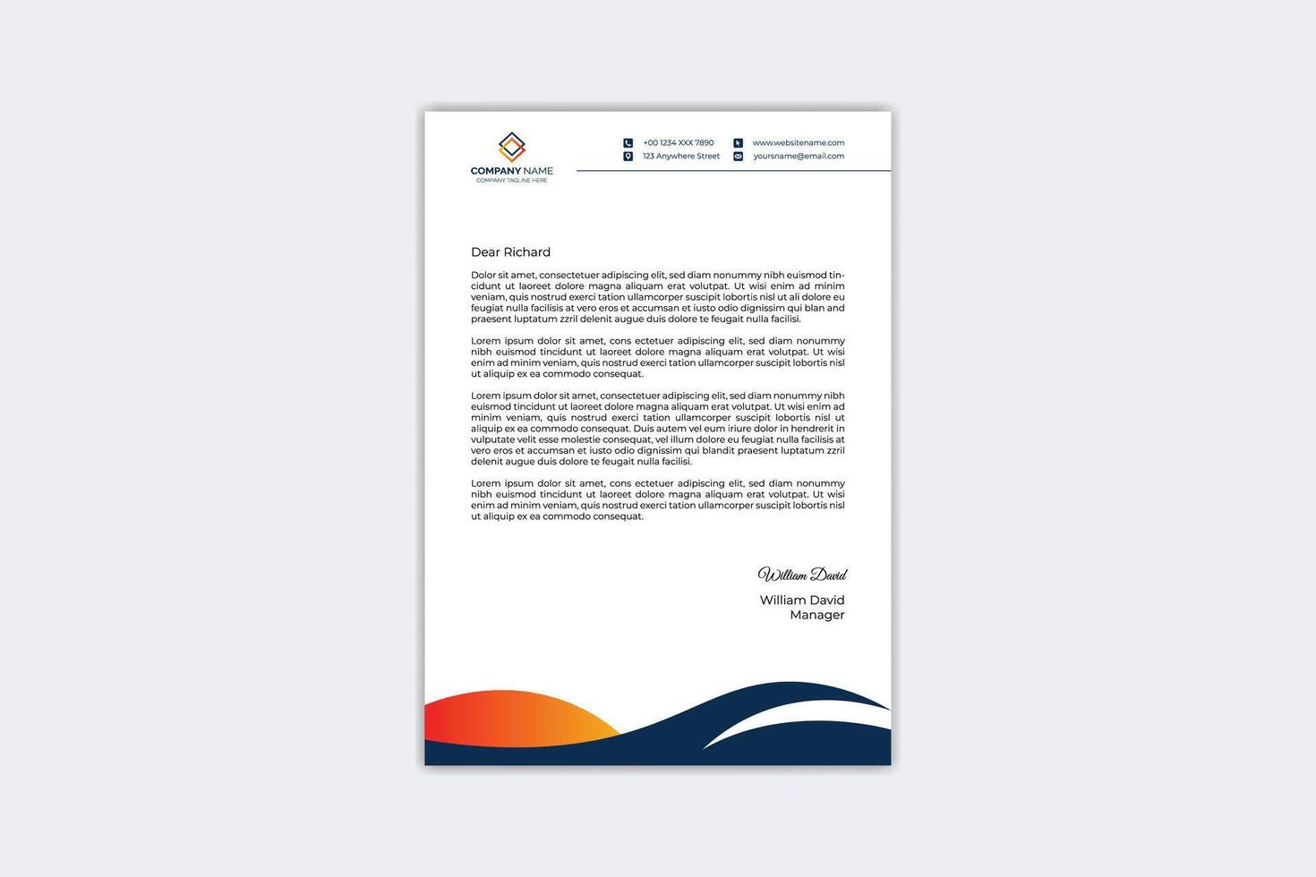 Professional letterhead template with yellow, orange and navy blue color vector