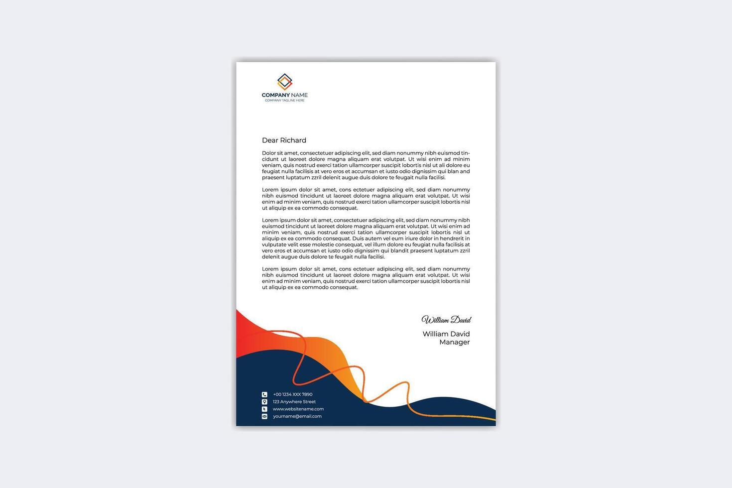 Creative letterhead template with yellow, orange and navy blue color vector