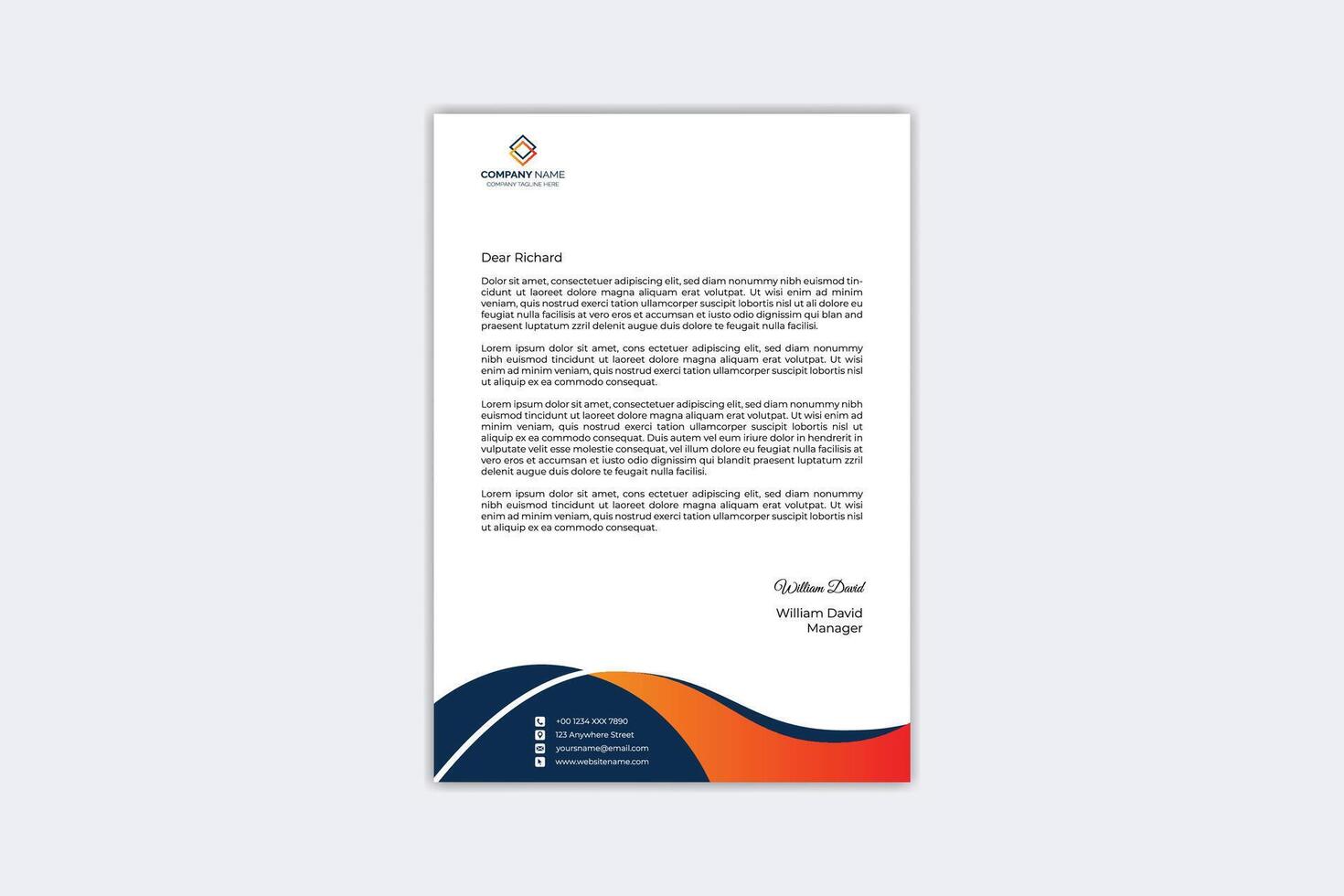 Modern creative letterhead template with yellow, orange and navy blue color vector