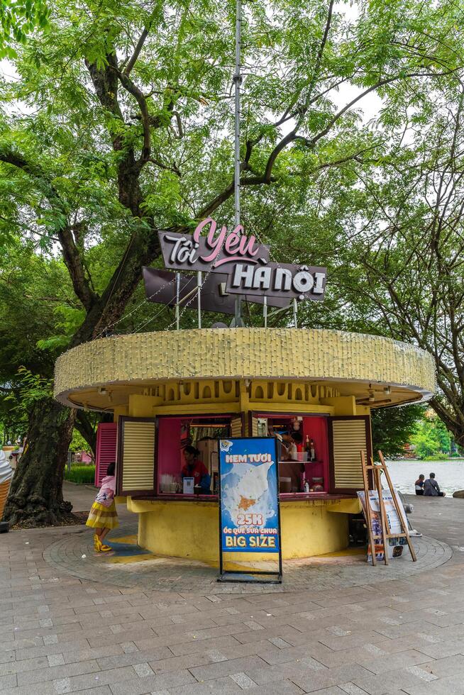 Hanoi, Vietnam - 26 June 2024 Turtle Tower Thap Rua in Hoan Kiem lake Sword lake, Ho Guom in Hanoi, Vietnam. photo