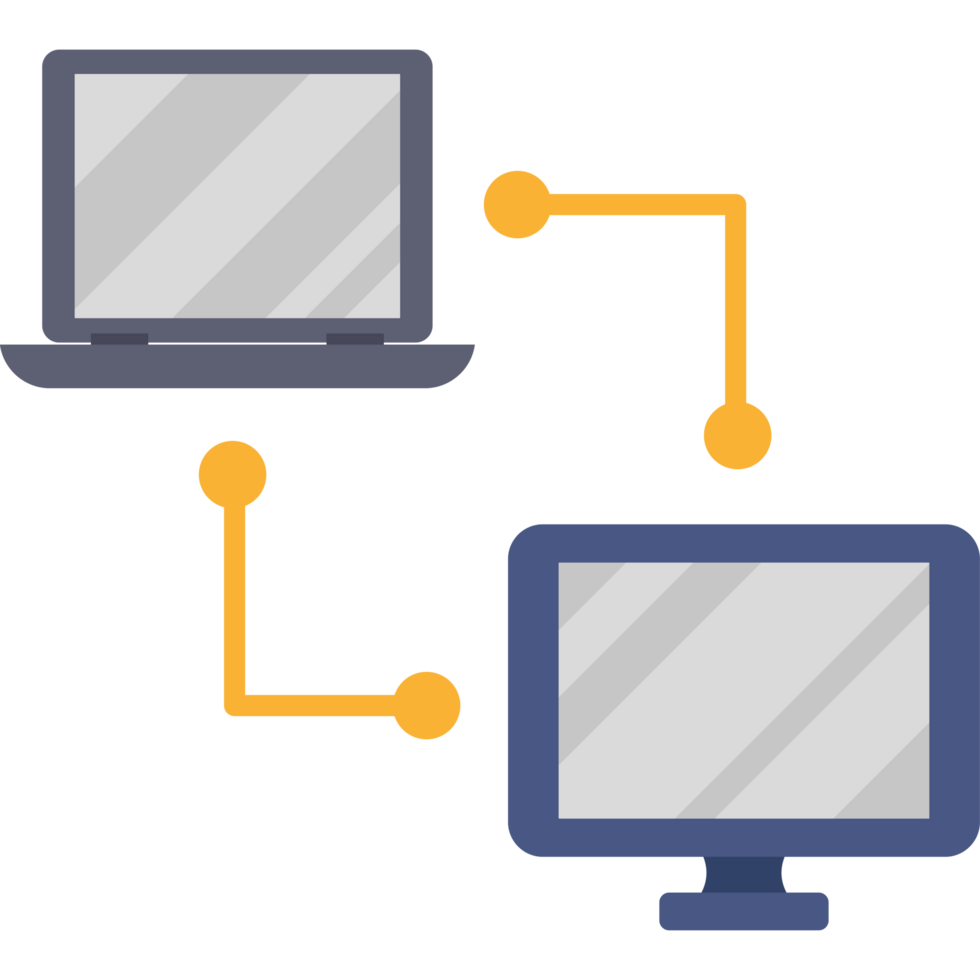 Two computers connected to each other with a yellow arrow png