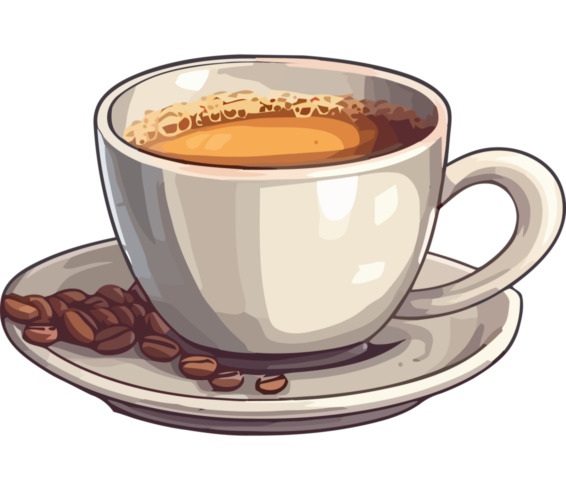 A cup of coffee with beans on a saucer png