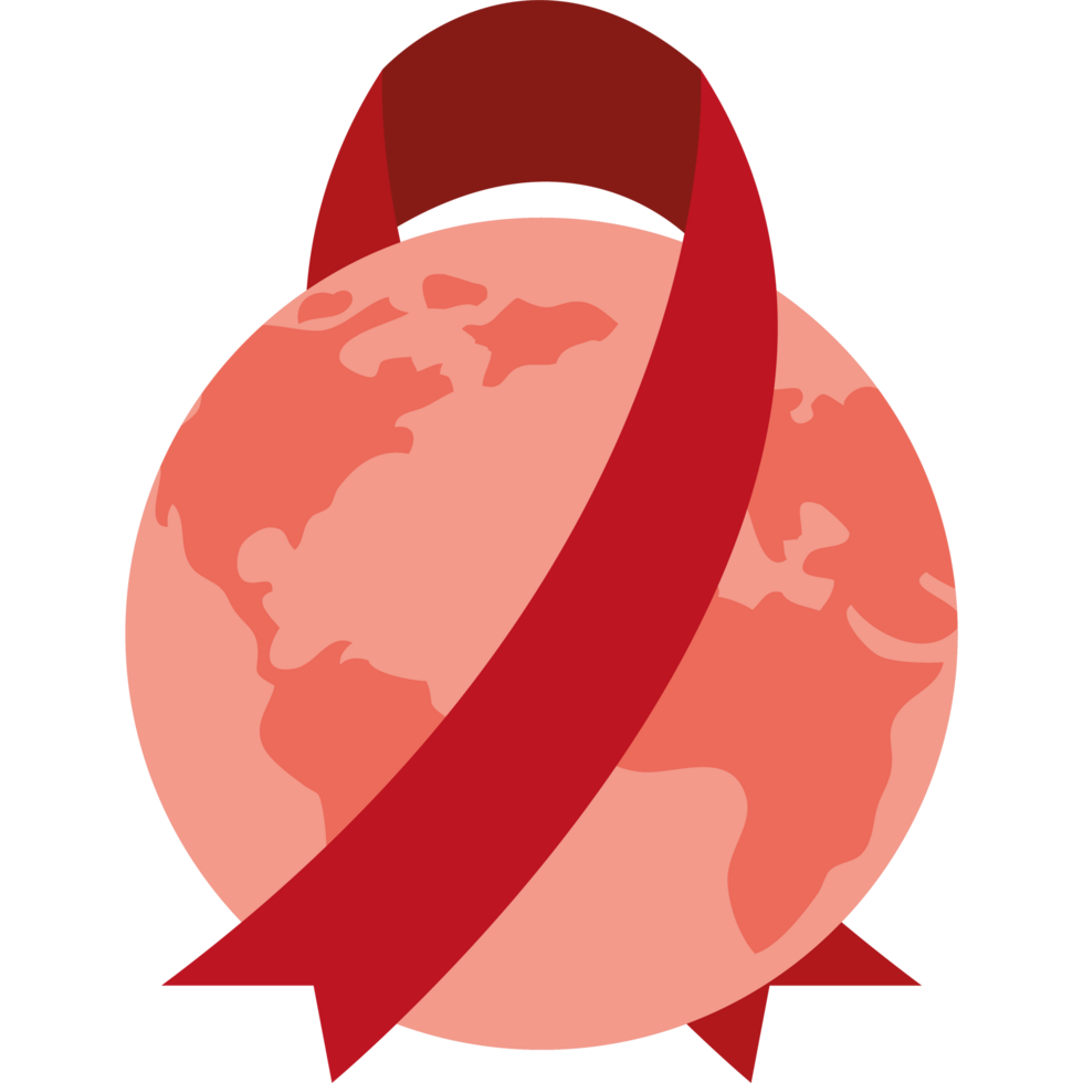 Red ribbon around the globe with a world map png