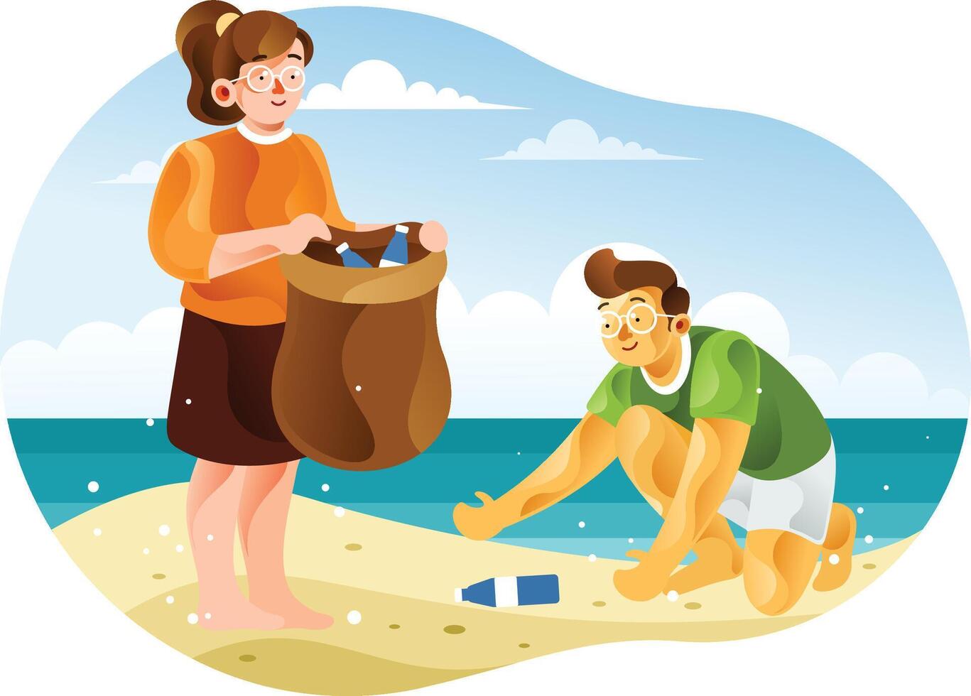 Children are cleaning the beach from plastic trash vector