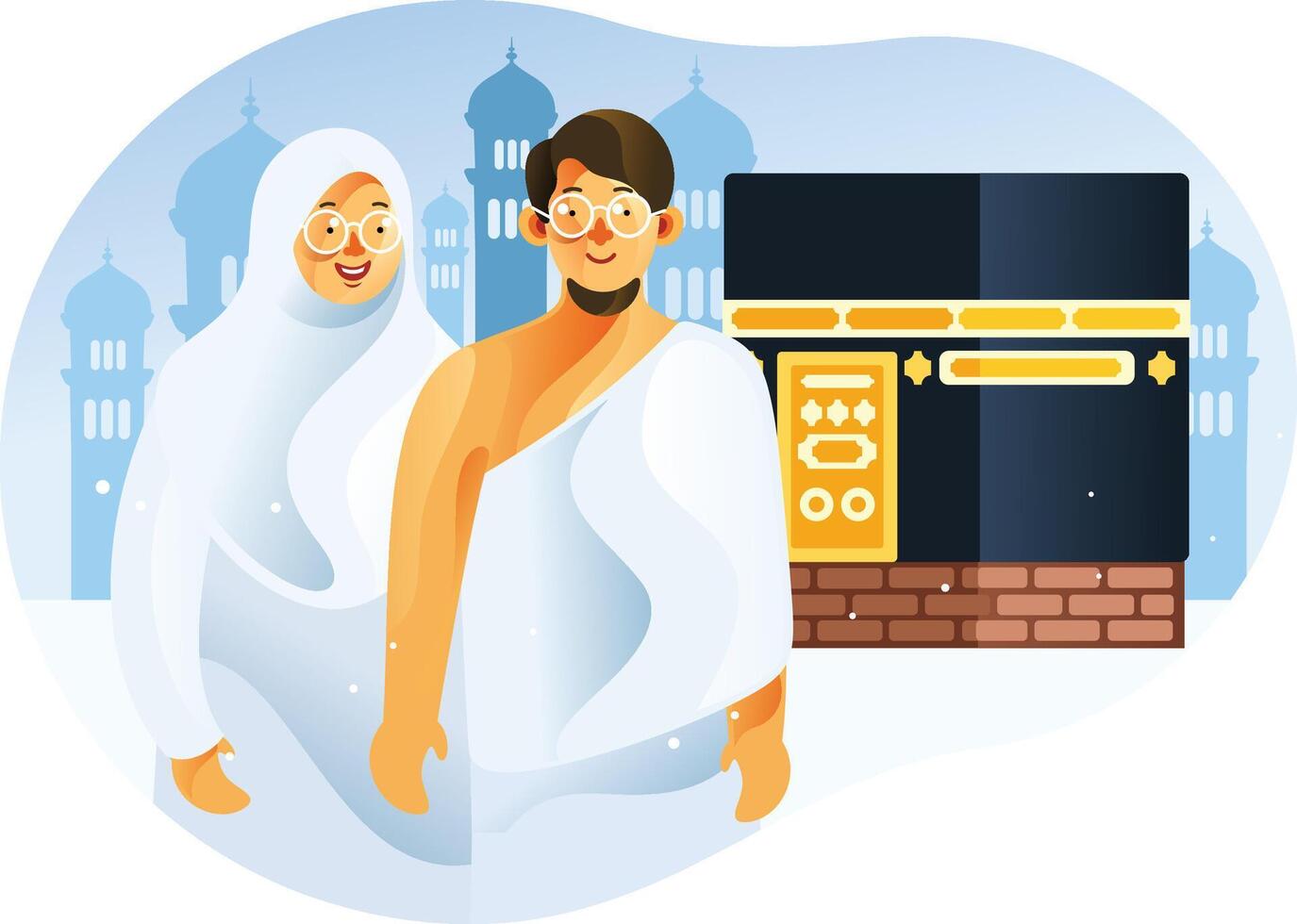 Couple Muslim in front of Kaaba Mecca wearing ihram in Islam Pilgrimage Hajj vector