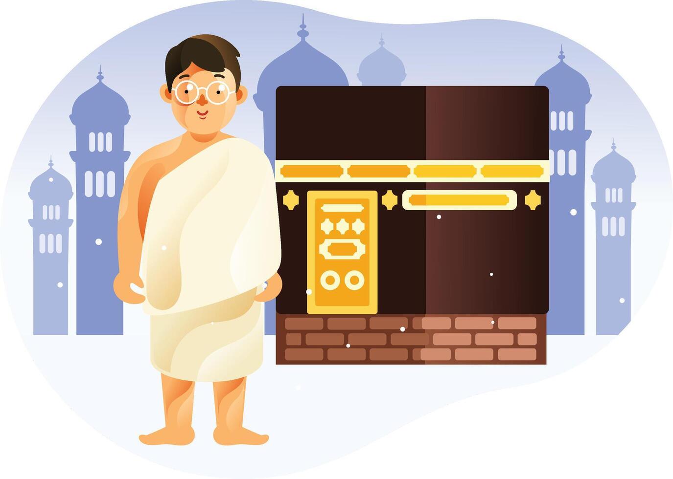 Kid in front of Kaaba Mecca wearing ihram in Islam Pilgrimage Hajj vector