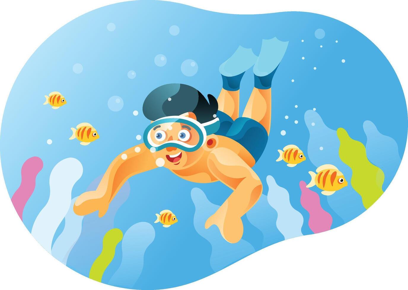 Diver boy sees the beautiful underwater scenery vector