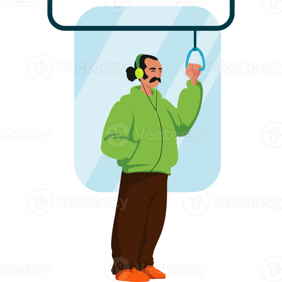 A man is standing on a train with headphones on png