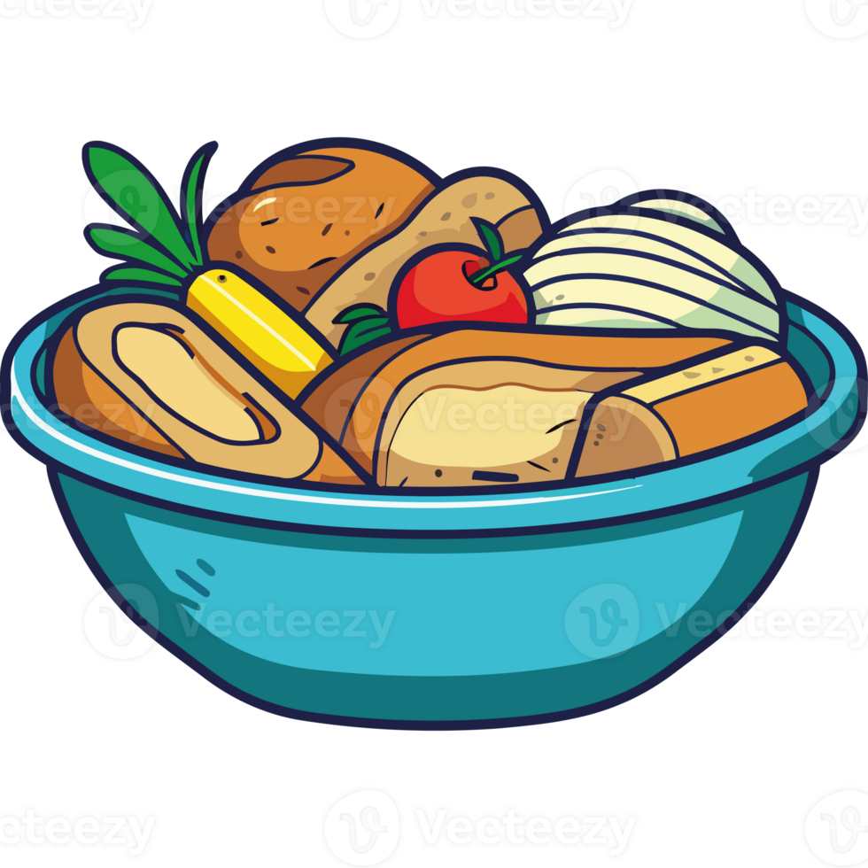 A bowl of bread and vegetables png