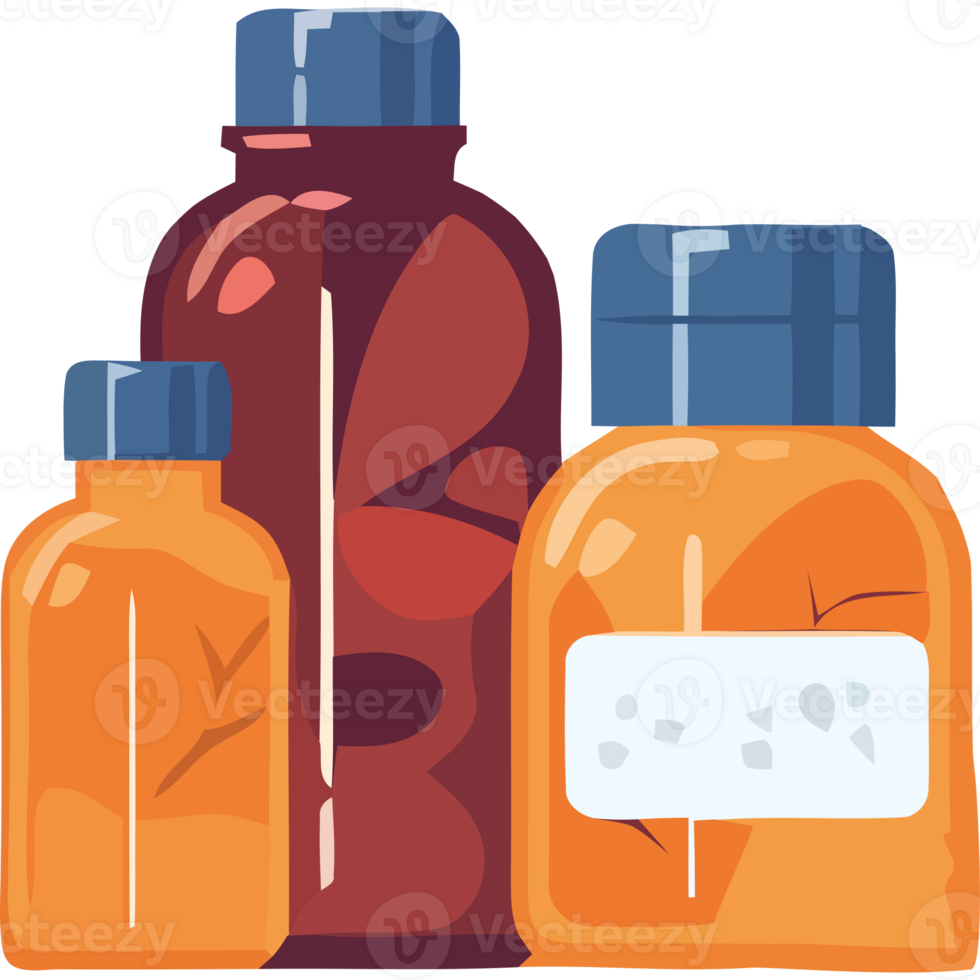 Three bottles of medicine with labels on them png