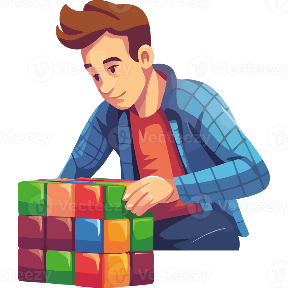 A man is building a puzzle with colorful cubes png