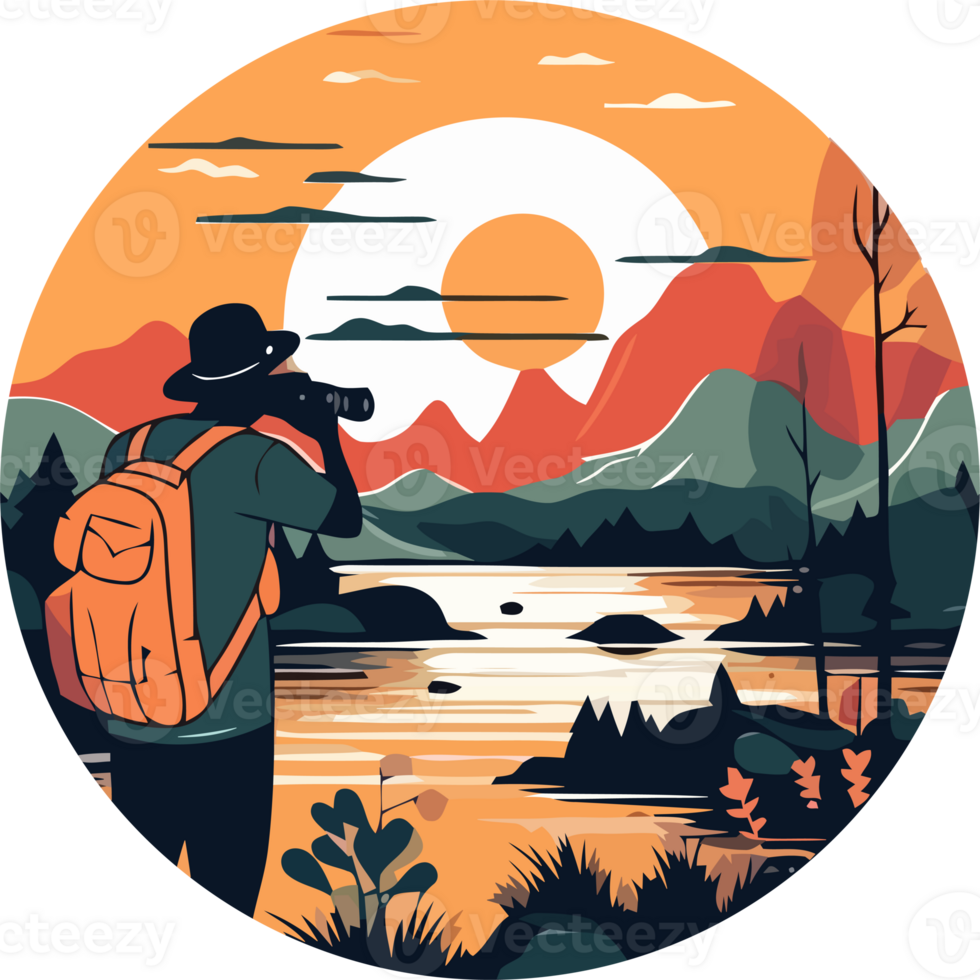 A man with a backpack is looking at the sunset png