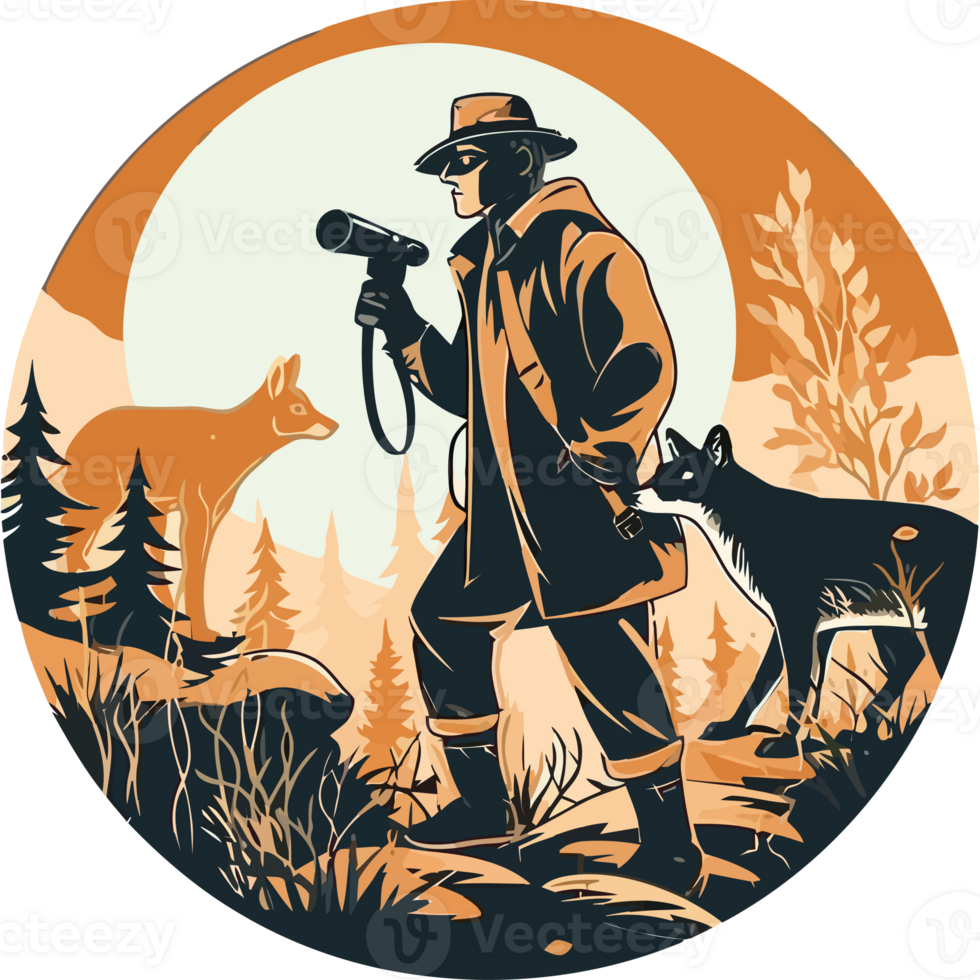 A man with a camera and a wolf in the woods png