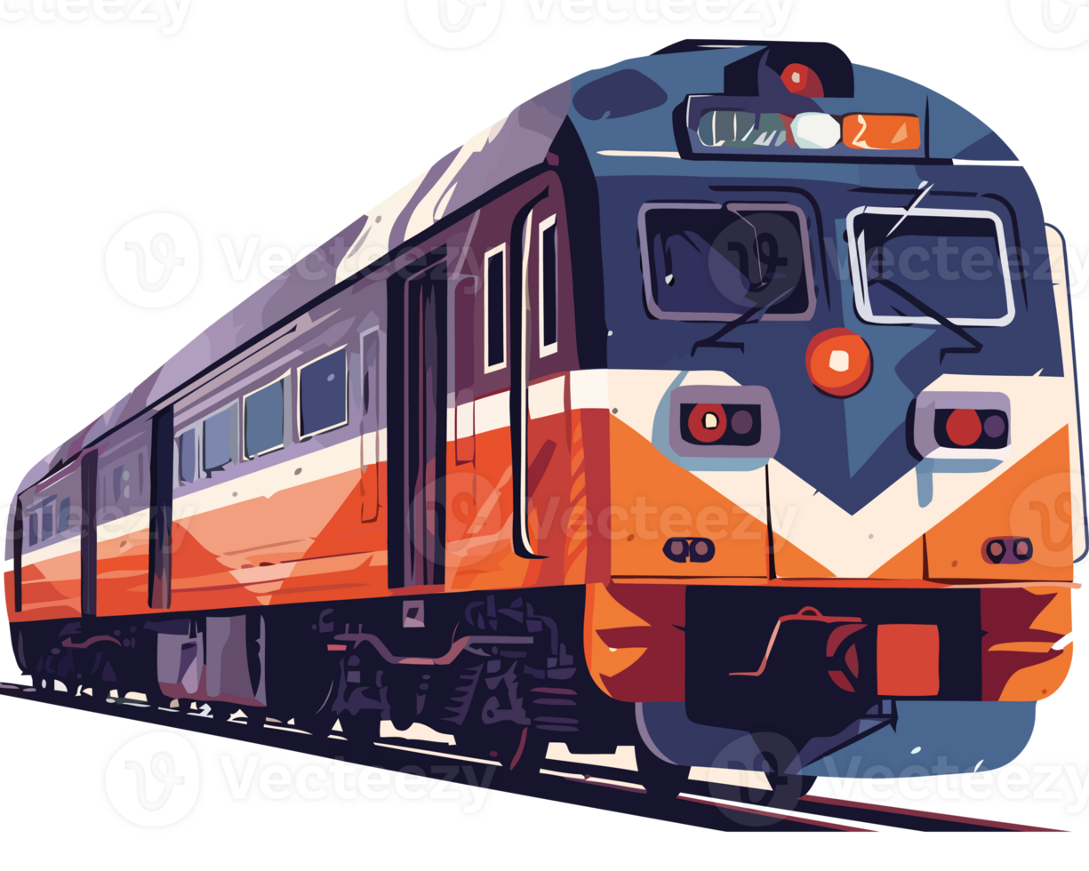 A train on the tracks with a blue and orange color scheme png