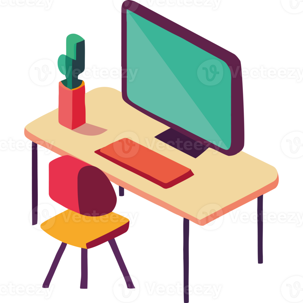 An illustration of a desk with a computer and chair png