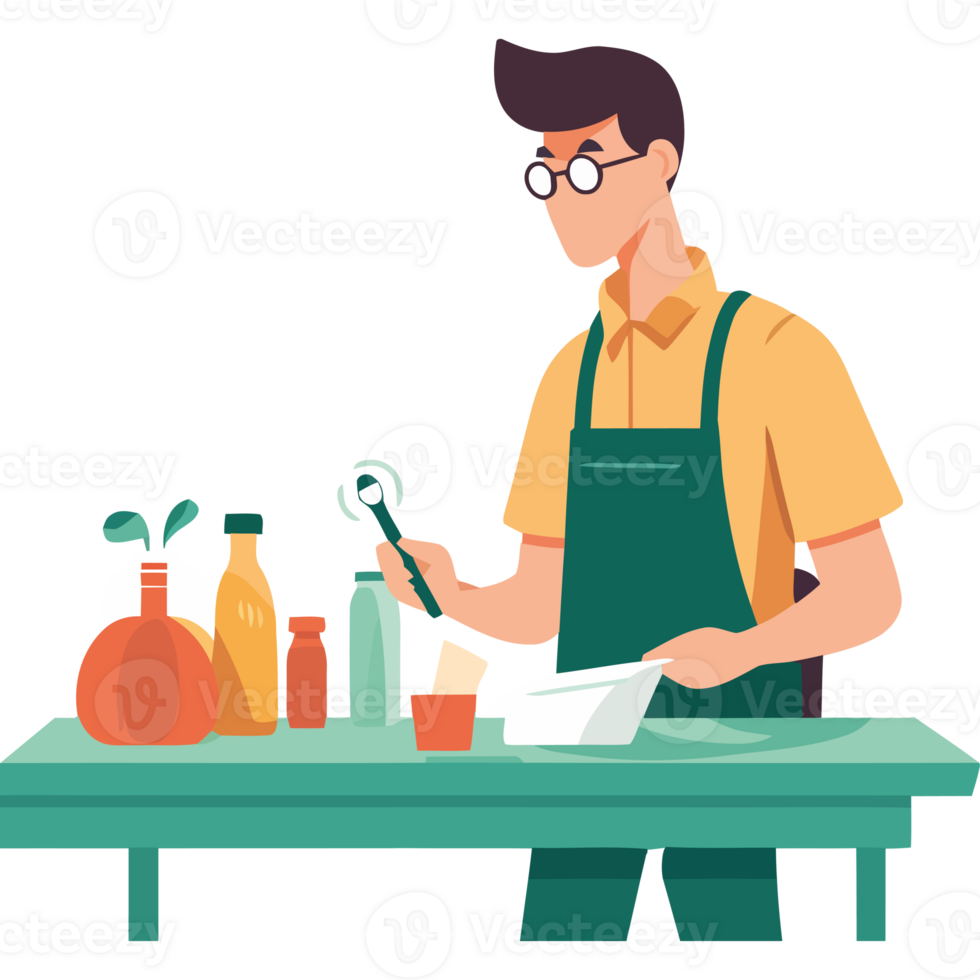 A man in apron is preparing food in the kitchen png