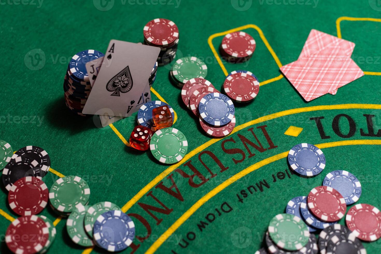 Black Jack casino table with cards and chips photo