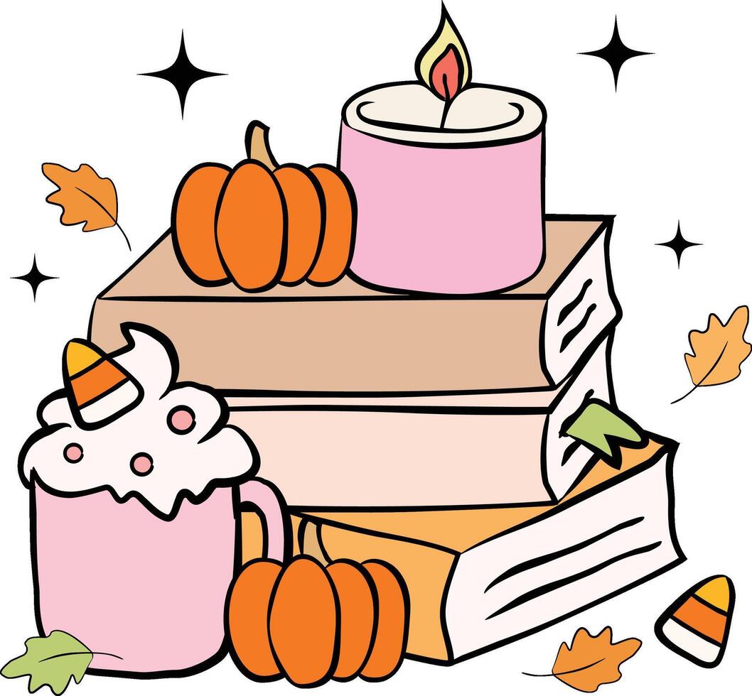 Fall Book Club Essentials Cozy autumn vibes with a stack of books, a lit pink candle, pumpkins, and a drink topped with whipped cream and candy corn clipart for decorating cards, posters, party decor vector