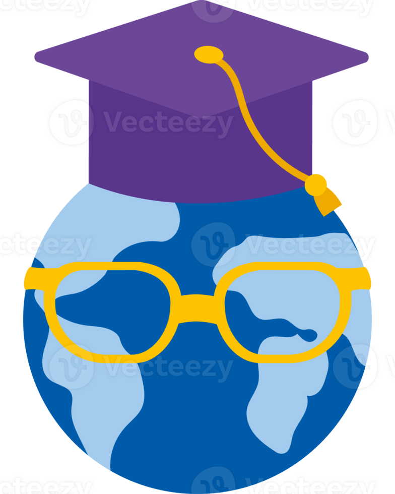 A globe with a graduation cap and glasses png