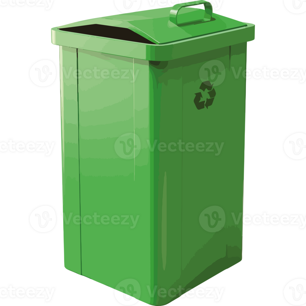 Green trash can with a recycling symbol png