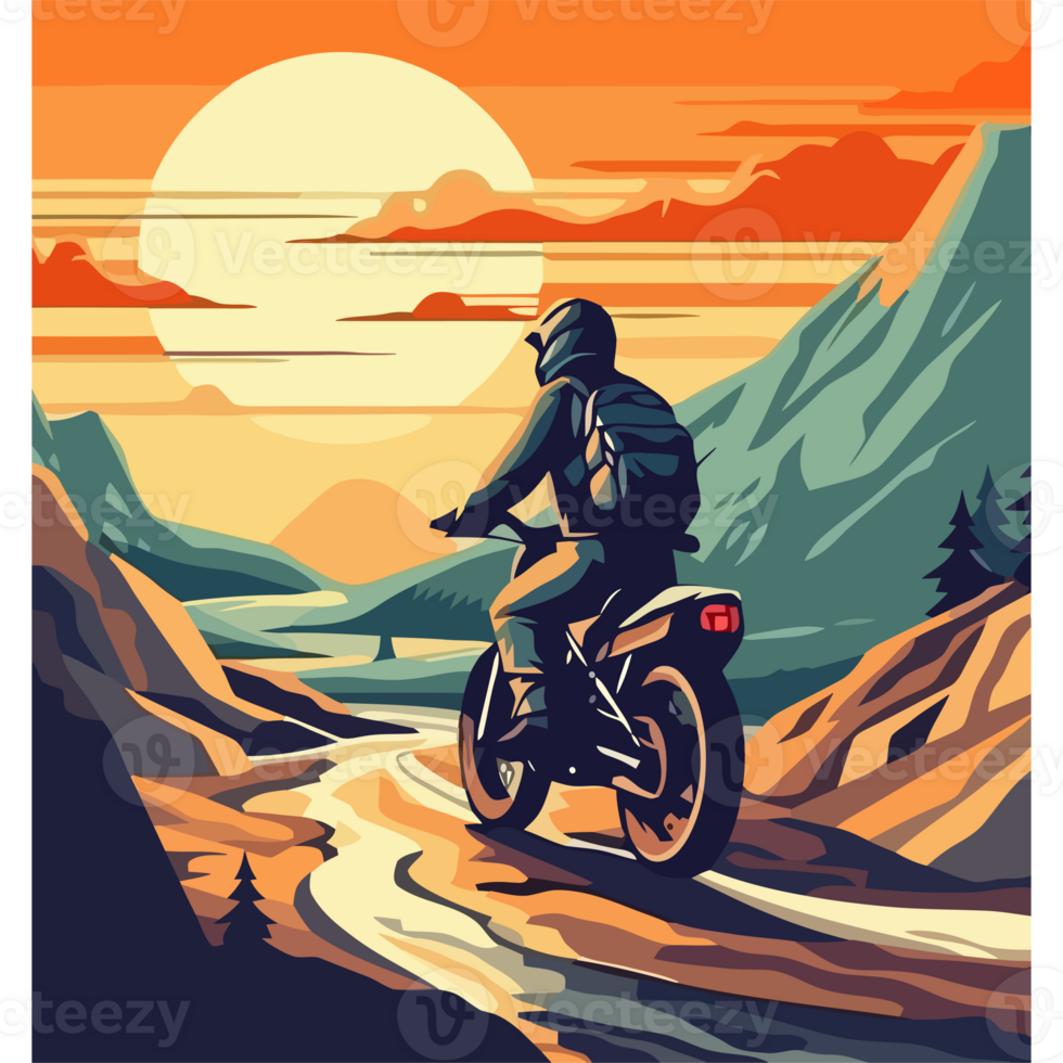 A poster of a man riding a motorcycle on a mountain png