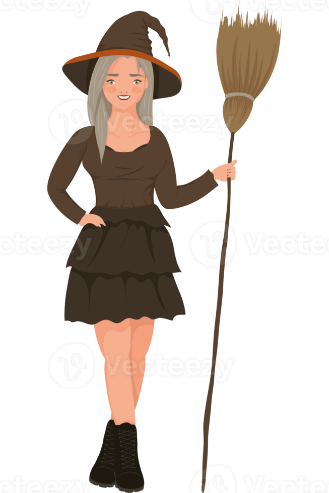 A cartoon witch holding a broom and wearing a witch hat png