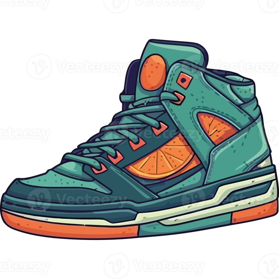 An illustration of a shoe with an orange and blue color scheme png