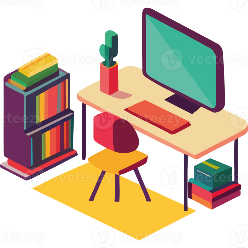 An illustration of a desk with a computer and books png