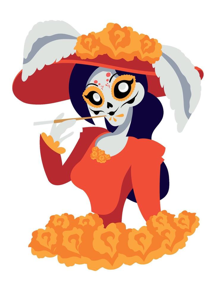 A cartoon orange Catrina woman character with a hat and a flower vector
