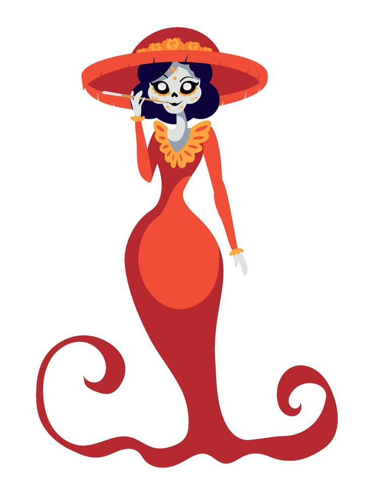 A cartoon red Catrina woman character with a hat vector