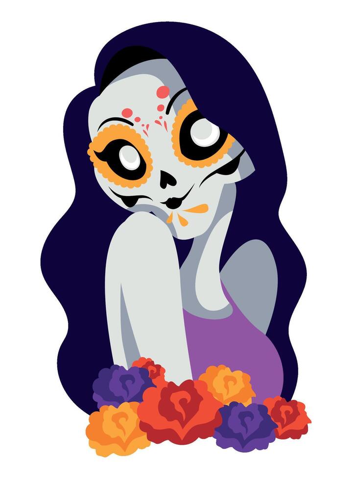 A cartoon Catrina skull girl with flowers vector